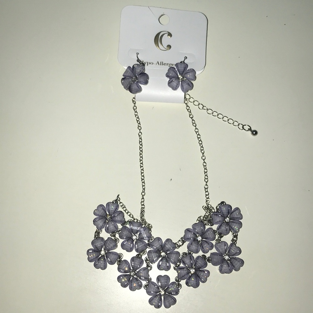 Brand New Purple flowered necklace and earrings